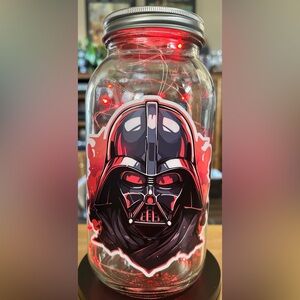SPACE MOVIE FANDOM/THEMED 64oz JAR/14 FEET OF RED FAIRY-LIGHTS/EMBLEMS/HANDMADE